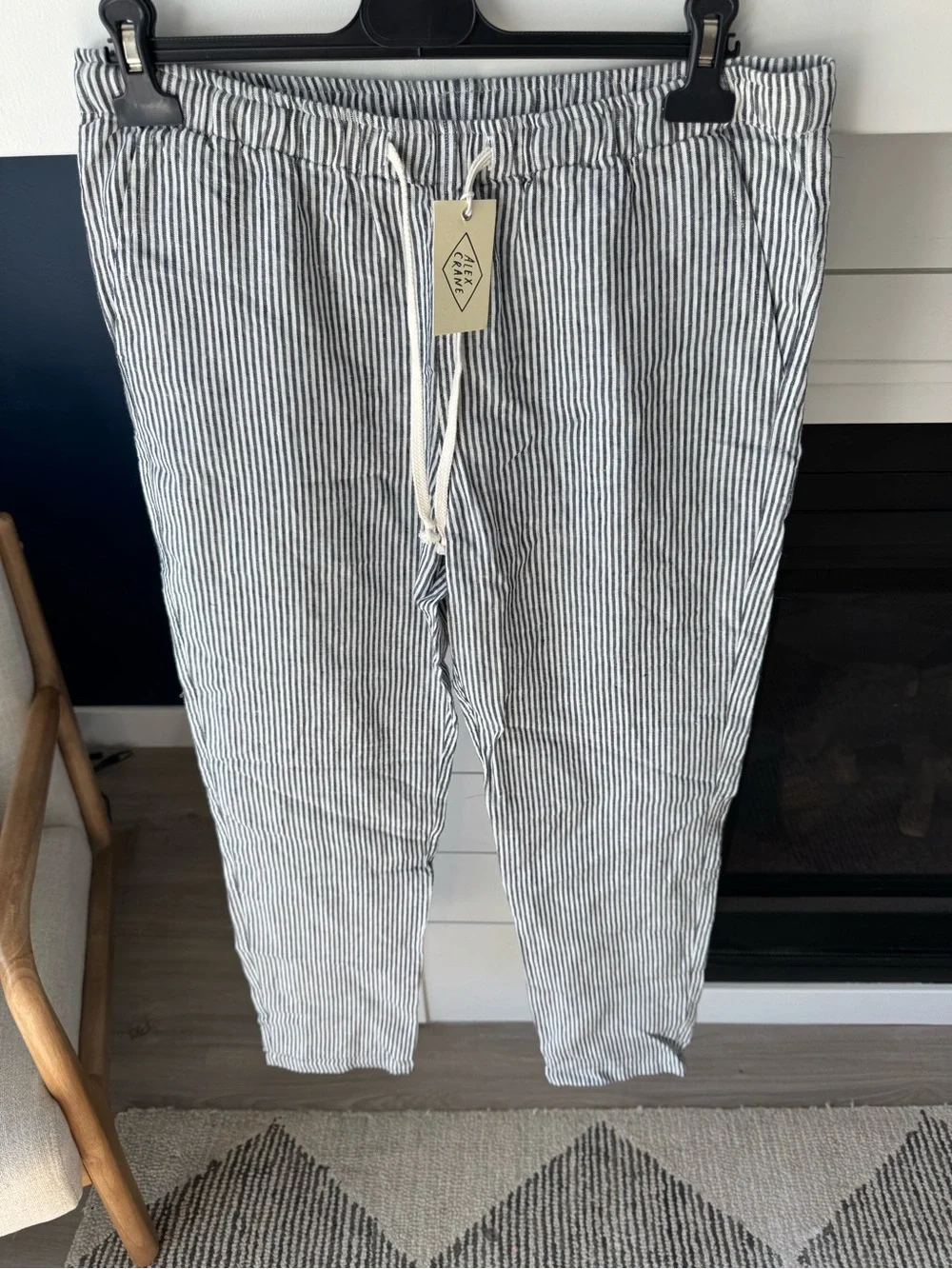 Alex Crane Bo Linen Pull On Drawstring Trouser Size L Blue Stripe Coastal New